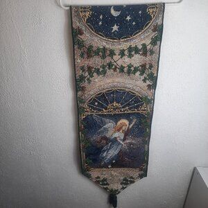 VTG Angel Tapestry Table Runner with Tassles 13"x72" MADE IN USA Angel of Wishes